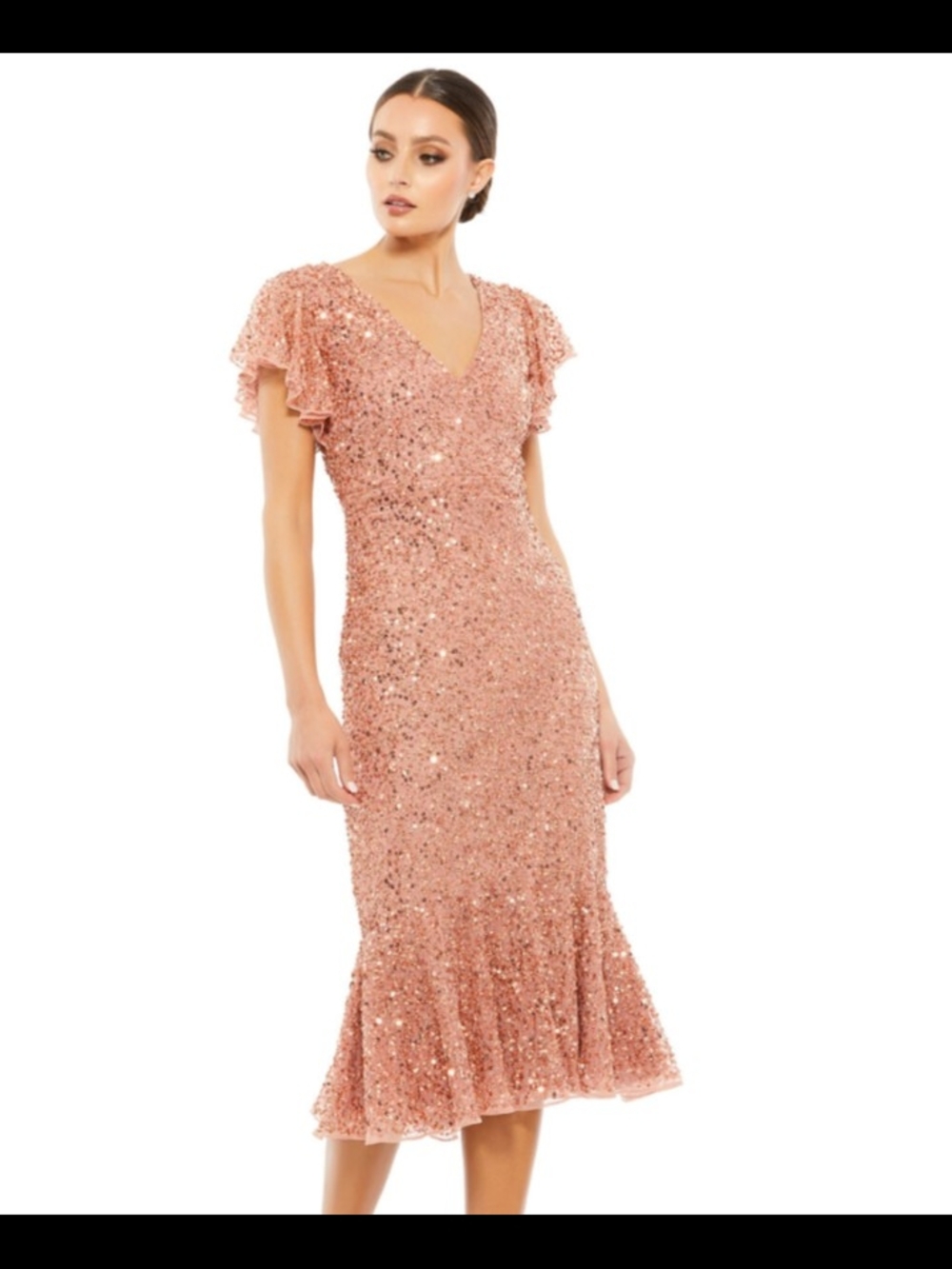 MacDuggal Style # 10801 Sequin Flutter-Sleeve Midi Dress in Blush Pink